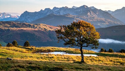 Majestic Mountain Landscape with Solitary Tree and Serene Pond at Sunset