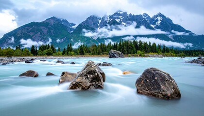 Majestic mountain range reflected in serene river with artistic blur effect