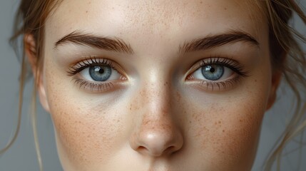Obraz premium Close-up portrait of a young woman with striking blue eyes, natural freckles, and soft lighting, highlighting detailed facial features, clean aesthetics, and expressive emotion in a minimalist studio 