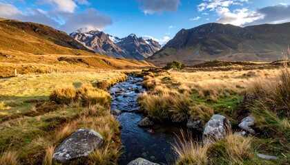 Scenic Scottish Highlands Landscape with Mountain Stream and Dramatic Peaks