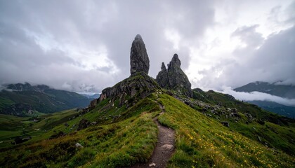 Spectacular Old Man of Storr in Scotland under cloudy sky offering scenic beauty and a hiking