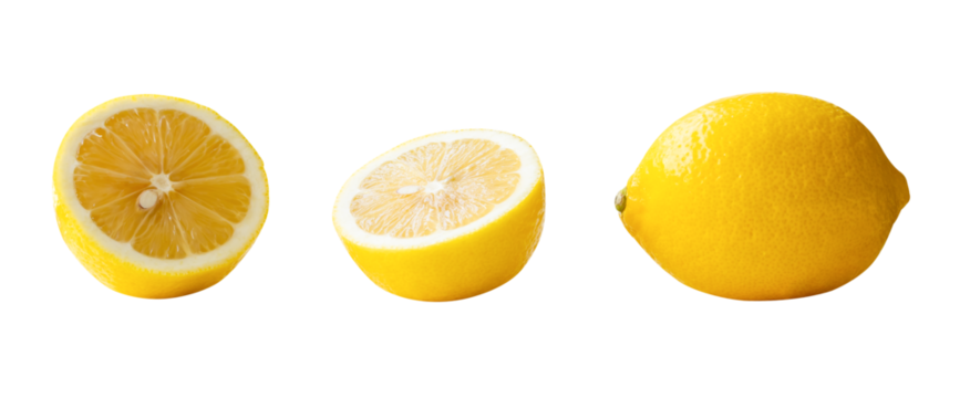 Side view of one ripe yellow lemon fruit with two lemon halves in set isolated with clipping path in png file format