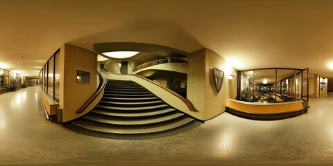 Panoramic view of a vintage building hallway with a curved staircase