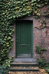 Green door on brick wall, autumnal ivy