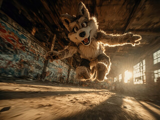 Person in a large, furry wolf costume leaping in an industrial warehouse setting with metal beams, peeling paint, and graffiti Natural light from windows creates long shadows - AI-Generated