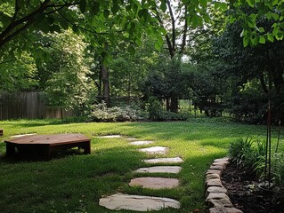 Lush backyard with a stone path. Sunlight filters through trees