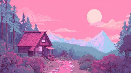 Pixelated cabin in a serene, pastel landscape at sunrise/sunset