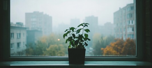 Plant on windowsill, city view on a foggy day
