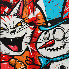 Naklejka premium ポップグラフィティ風の猫と雪だるまの表現豊かなブラシアート