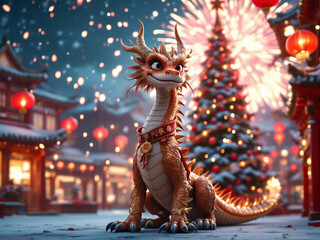 A whimsical holiday card featuring an animated dragon, blending Western and Eastern themes The central figure is a cheerful dragon, adorned in red and gold, set against snowy backdrop - AI-Generated