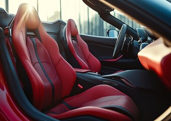 Red leather sports car interior, sunbeams