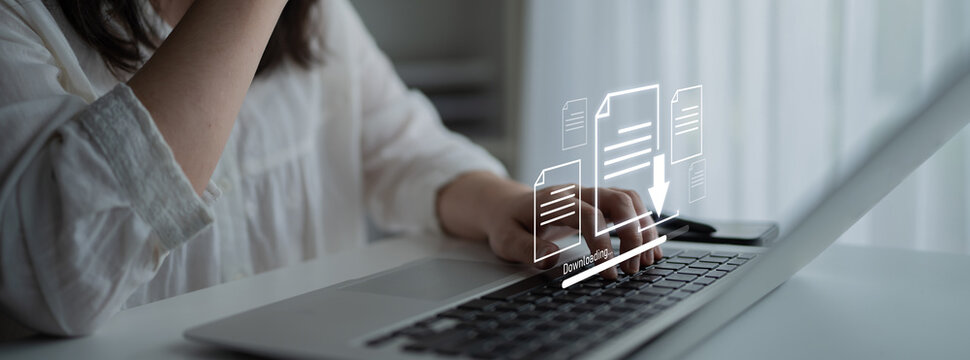 Visual representation of digital document downloading, showing file transfer, data access, and progress status for secure and efficient information retrieval Latch - Powered by Adobe
