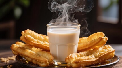 Steaming glass of milk surrounded by golden fried dough sticks, evoking warmth and comfort in a cozy morning setting.