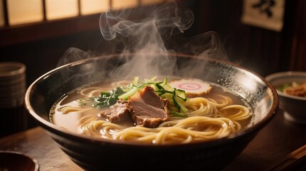 Steaming ramen bowl with tender pork, green onions, and bamboo shoots, glowing warmly under soft ambient light.