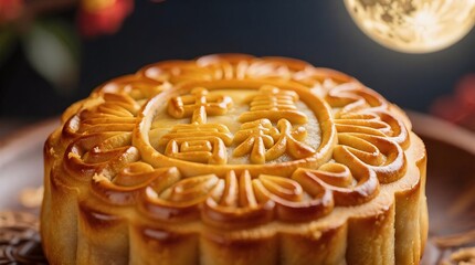 Golden mooncake with intricate Chinese characters and floral patterns, glowing under warm light against a blurred festive background.