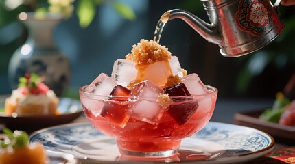 A vibrant red jelly dessert topped with ice cubes and brown sugar, being drizzled with syrup from a floral-patterned metal kettle, evoking a refreshing and nostalgic summer vibe.