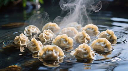 Steaming dumplings floating in rippling water, exuding warmth and comfort with delicate steam rising softly.