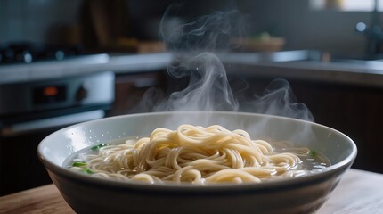 Steaming bowl of noodles with rising vapor, set on a wooden table in a cozy kitchen, evoking warmth and comfort.