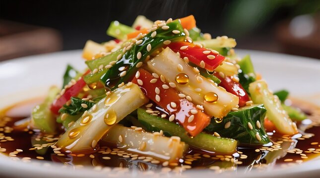 Vibrant vegetable salad glistening with sesame oil and scattered sesame seeds, served on a white plate with steam rising gently.
