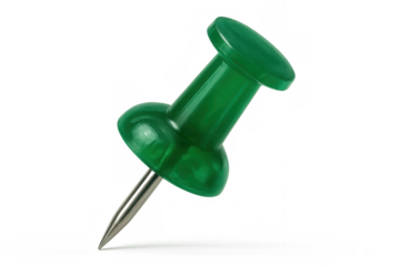 Green push pin creating marker or reminder for important information, a common office stationery item