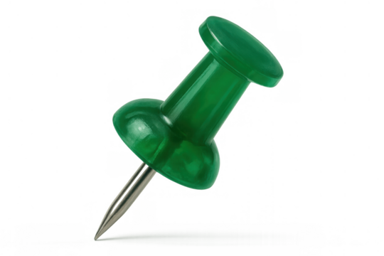 Green push pin creating marker or reminder for important information, a common office stationery item