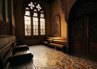 Sunlight streams into a vintage hallway with stained glass and benches