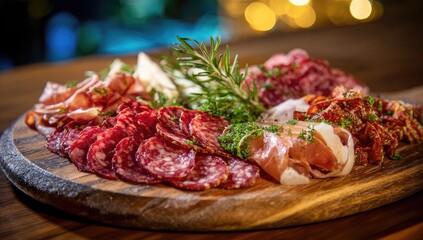 Assorted cured meats and cheeses on a wooden platter (3)