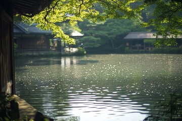 Tranquil Japanese garden pond, wooden buildings
