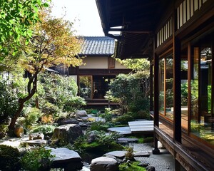 Tranquil Japanese garden with traditional wooden buildings