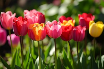 Vibrant tulips in various shades of pink, red, and yellow