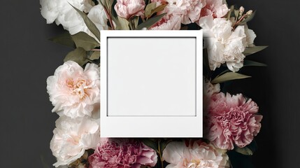 White square photo frame surrounded by pastel flowers on dark background