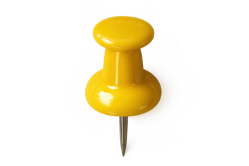 Yellow plastic pushpin for office work and organization, holding notes and important paper documents, isolated on transparent background