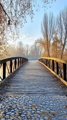 Wooden bridge over a misty river, autumn leaves