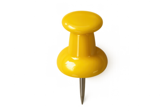 Yellow plastic pushpin for office work and organization, holding notes and important paper documents, isolated on transparent background