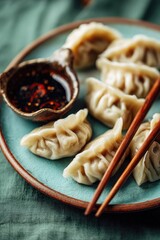 Plate of dumplings with dipping sauce