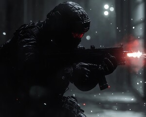 Silhouette of a soldier firing in snow