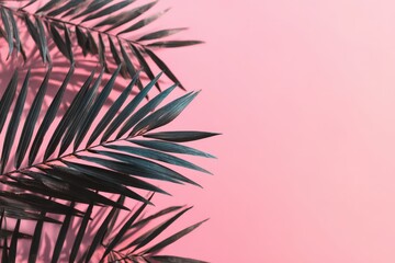 Tropical palm leaves casting shadows on pink background