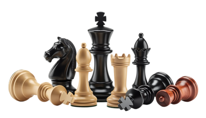 Many different chess pieces on white background