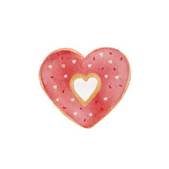 A hand-painted illustration of a heart-shaped donut with colorful icing and sprinkles, presented on a transparent background.