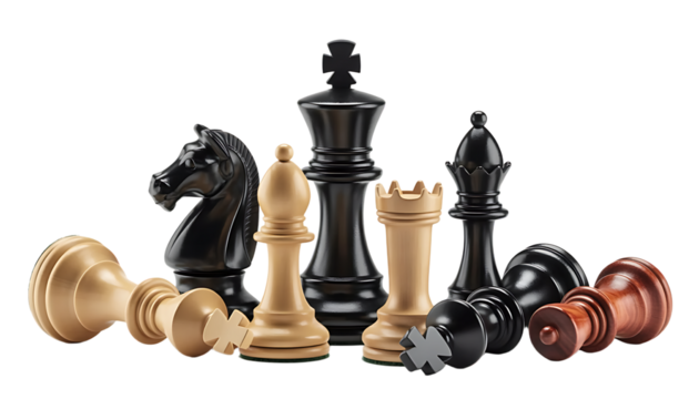 Many different chess pieces on white background