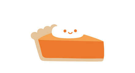 A cartoon illustration of a slice of pumpkin pie with a smiling dollop of whipped cream on top.