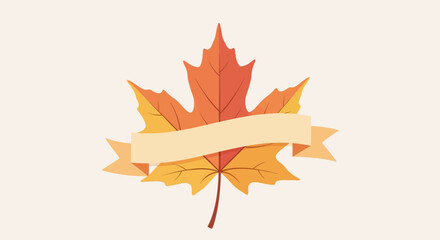 Stylized illustration of a colorful autumn maple leaf with a blank ribbon banner for text.