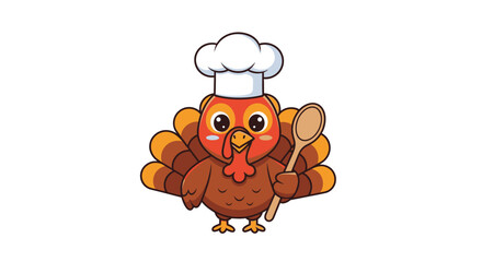 A cute cartoon turkey wearing a chef's hat and holding a wooden spoon, ready to cook.