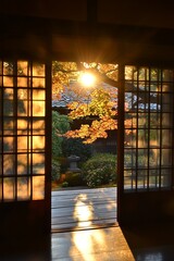 Sunlight streams through traditional Japanese sliding doors, illuminating a garden with autumn leaves