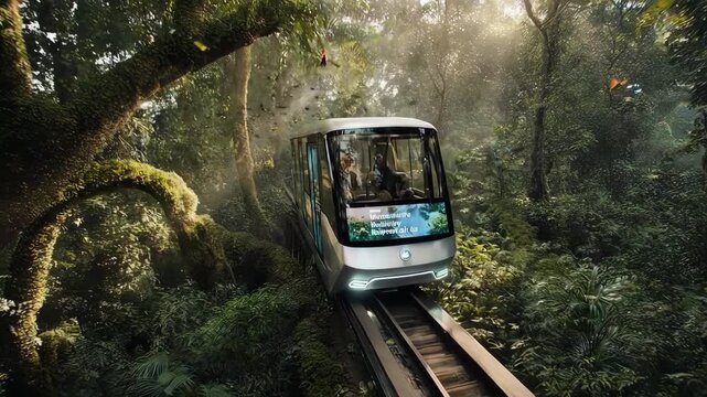 A modern train glides through a dense, sunlit rainforest with toucans flying