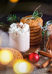 A Christmas photo with marshmallows in a mug and cinnamon sticks, as well as Christmas cookies and fir branches, as well as star anise fir cones and red Christmas tree decorations nearby
