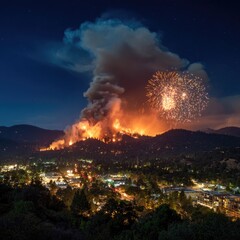 Fototapeta premium Nighttime wildfire over town, fireworks explode