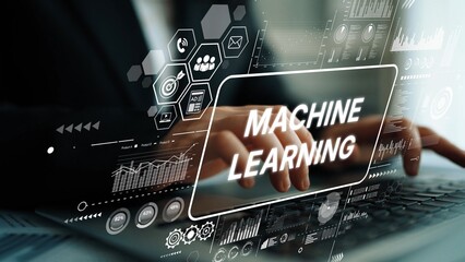 Business Professional Engaged in Machine Learning with Digital Interface and Data Visualizations for Innovation and Technology. Asymptotic smart data analytic.