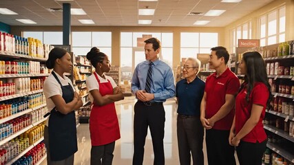 Diverse Retail Team Meeting in Supermarket Aisle for Training.