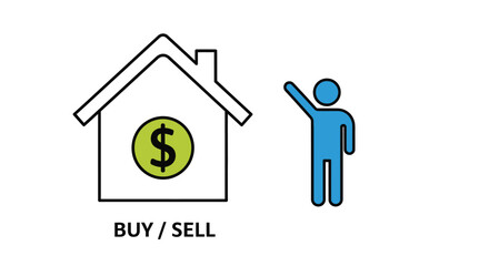 House with dollar sign and person waving a real estate illustration silhouette